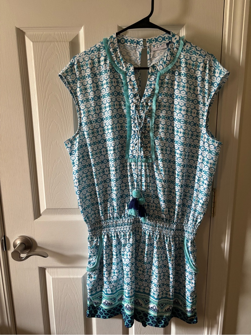 Sleeveless Teal Patterned Summer romper  with Tassel Tie